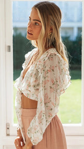 Beige Floral Chiffon Knot Top