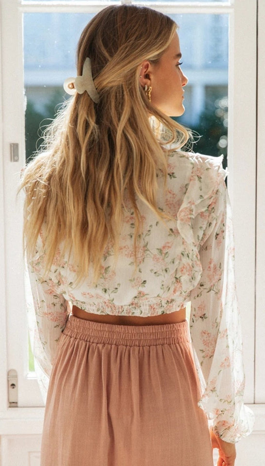 Beige Floral Chiffon Knot Top