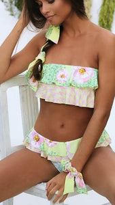 Lime Green Floral Ruffles Bandeau BIkini Sets