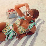 Lime Print Ruffled Shoulder Bikini Sets
