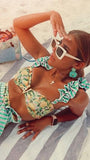Lime Print Ruffled Shoulder Bikini Sets