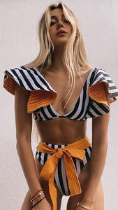 Bold Striped Cap Sleeved Bikini Sets