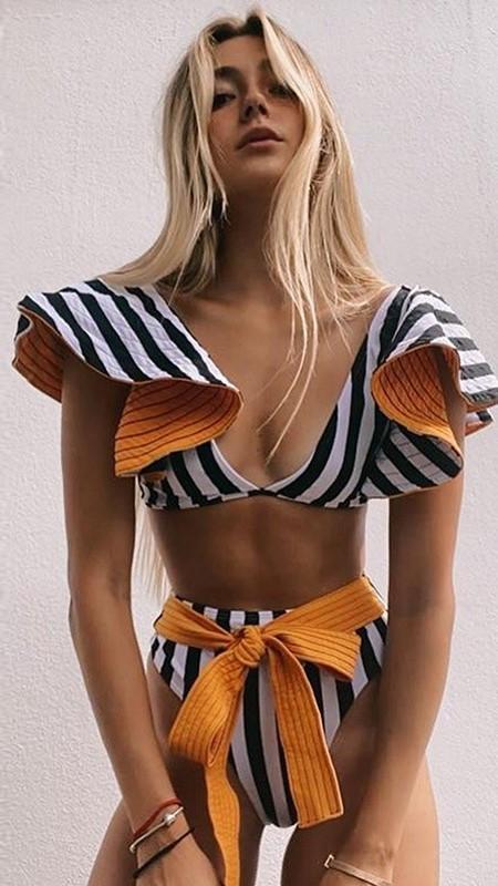 Bold Striped Cap Sleeved Bikini Sets