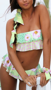 Lime Green Floral Ruffles Bandeau BIkini Sets