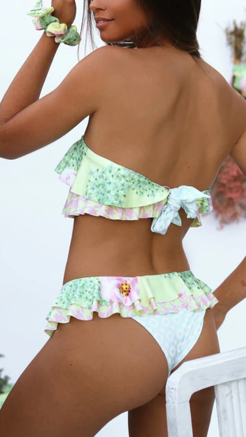 Lime Green Floral Ruffles Bandeau BIkini Sets