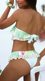 Lime Green Floral Ruffles Bandeau BIkini Sets